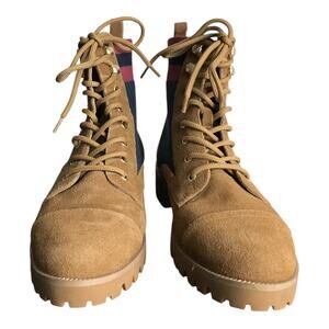 Cecelia Booties Womens Sz 9M Brown Leather Suede Navy Blue 1" Block Heel Lace-Up